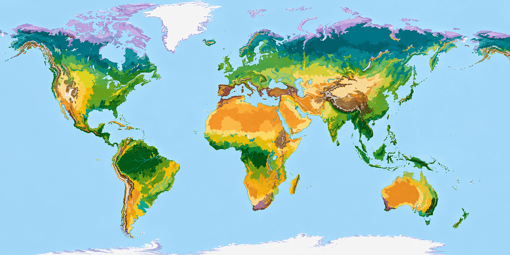 Mapa del mundo coloreado por biomas: selvas tropicales en verde oscuro, taiga en verde azulado, sabanas en amarillo, desiertos en naranja, tundra en morado y hielos permanentes en blanco