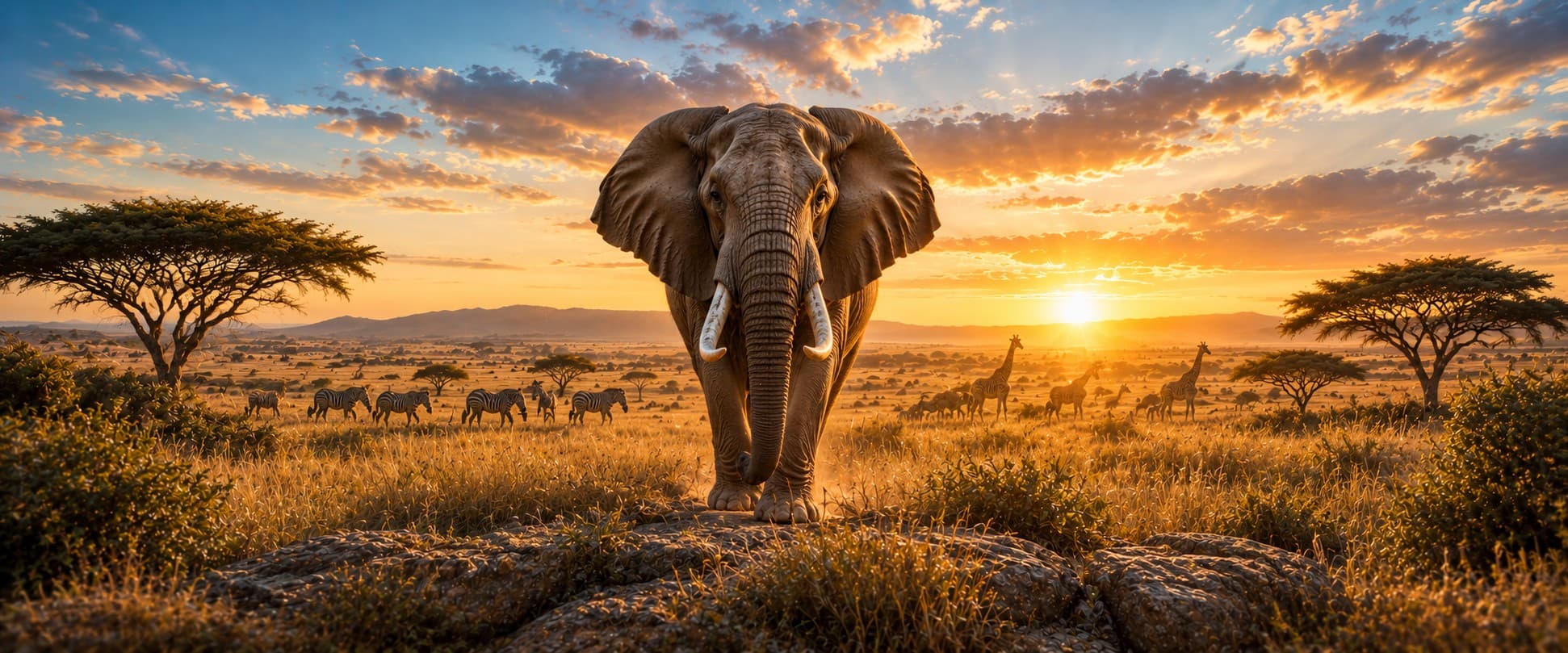 Elefante africano de cuerpo entero sobre una roca en la sabana al atardecer, con cebras y jirafas al fondo