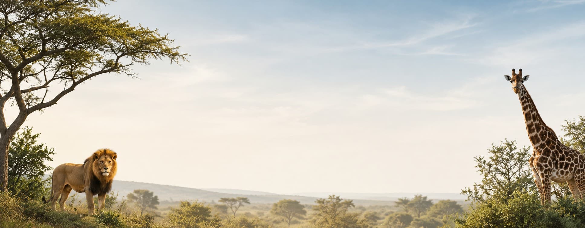 Un león y una jirafa en la sabana africana al amanecer